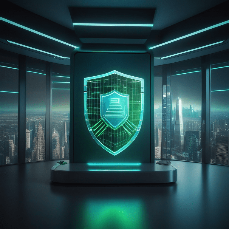 Holographic shield with digital locks surrounds a skyscraper model, denoting cyber security insurance in an office setting.